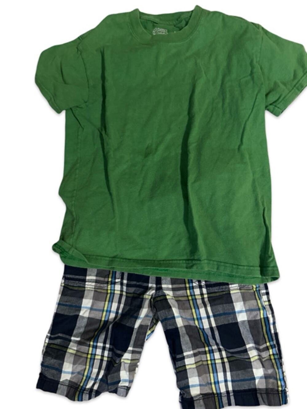 Hanes Jumping Beans Boys Outfit Size 6/7 Green Tee Plaid Shorts Set